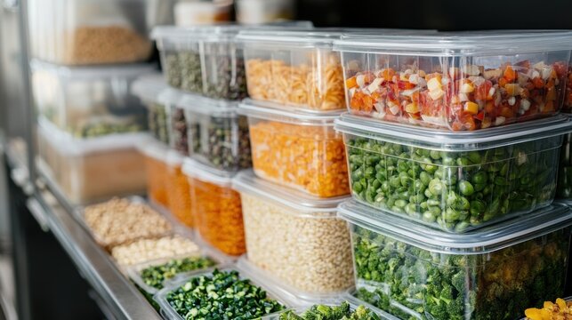 An array of locally sourced ingredients being processed with an emphasis on the vibrant colors of vegetables and grains stacked together in ecofriendly containers.
