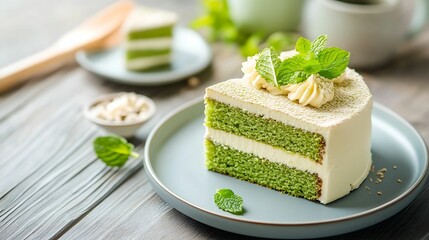 A delicious slice of green cake topped with cream and mint leaves, served on a gray plate, set against a rustic wooden background.