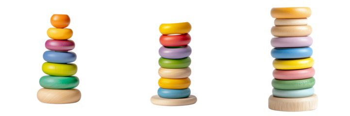 Colorful wooden stacking rings on a transparent background