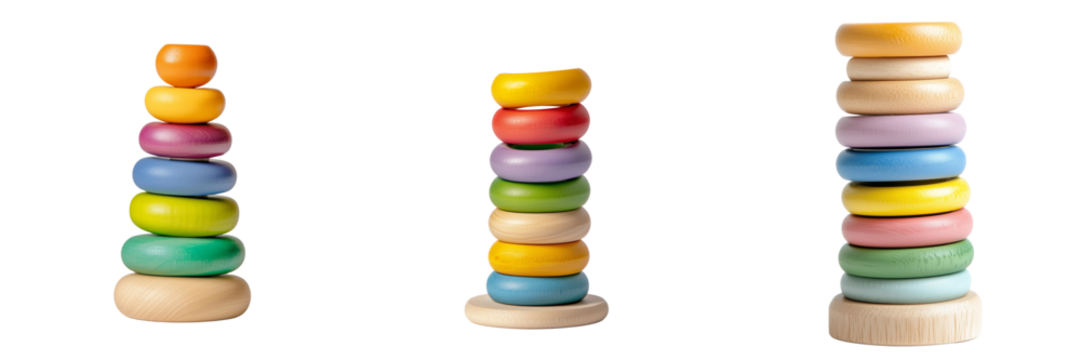Colorful wooden stacking rings on a transparent background
