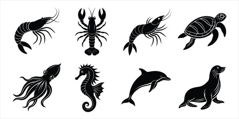 Ocean, Sea animals silhouette set. Aquatic animals life vector illustration design