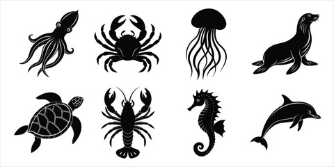Ocean, Sea animals silhouette set. Aquatic animals life vector illustration design