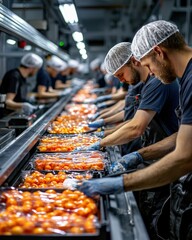 Factory workers in a food processing plant inspecting freshly packaged products on a conveyor belt