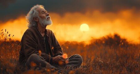 Old Man Kneeling in Prayer, Looking Up in a Blurred Field with a Darker Background, Hyper Realistic Spiritual Scene