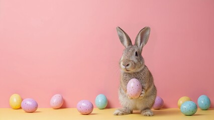 Cute bunny holding easter egg on pink background