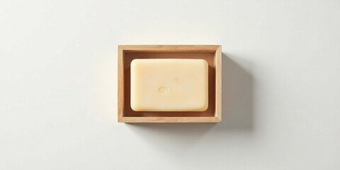 A rectangular bar of creamy soap rests gently within a light-colored wooden soap dish, a simple yet elegant presentation on a clean white background.