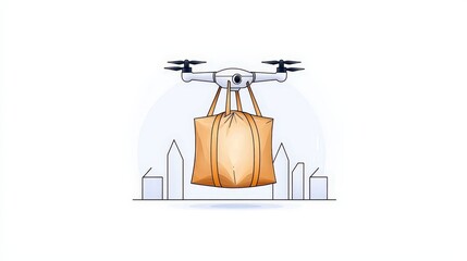 Fototapeta premium Drone Delivery Concept with Bag Over Cityscape in Flat Design Style for Modern Logistics