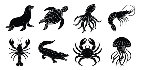 Obraz premium Ocean, Sea animals silhouette set. Aquatic animals life vector illustration design