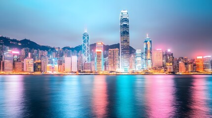 Naklejka premium Glowing Skyline of a Vibrant Coastal Metropolis at Night