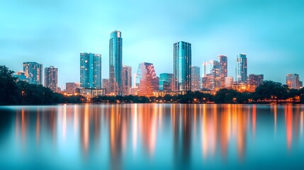 Fototapeta premium Vibrant City Skyline Glowing in Vibrant Night Lights Reflected on Water