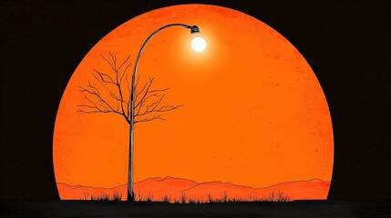 Lonely lamp post under a vibrant orange sunset with silhouetted landscape and tree