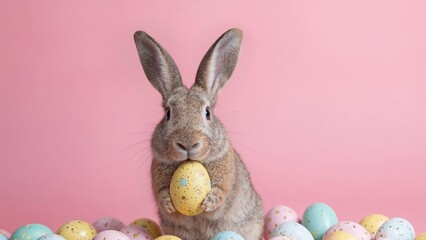 Cute bunny holding easter egg on pink background