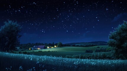 Naklejka premium Night Farmland Landscape, Starry Sky, Peaceful Rural Scene