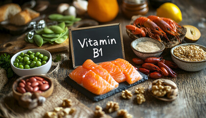 Foods Highest in Vitamin B1 (Thiamin). Healthy diet eating. Top view
