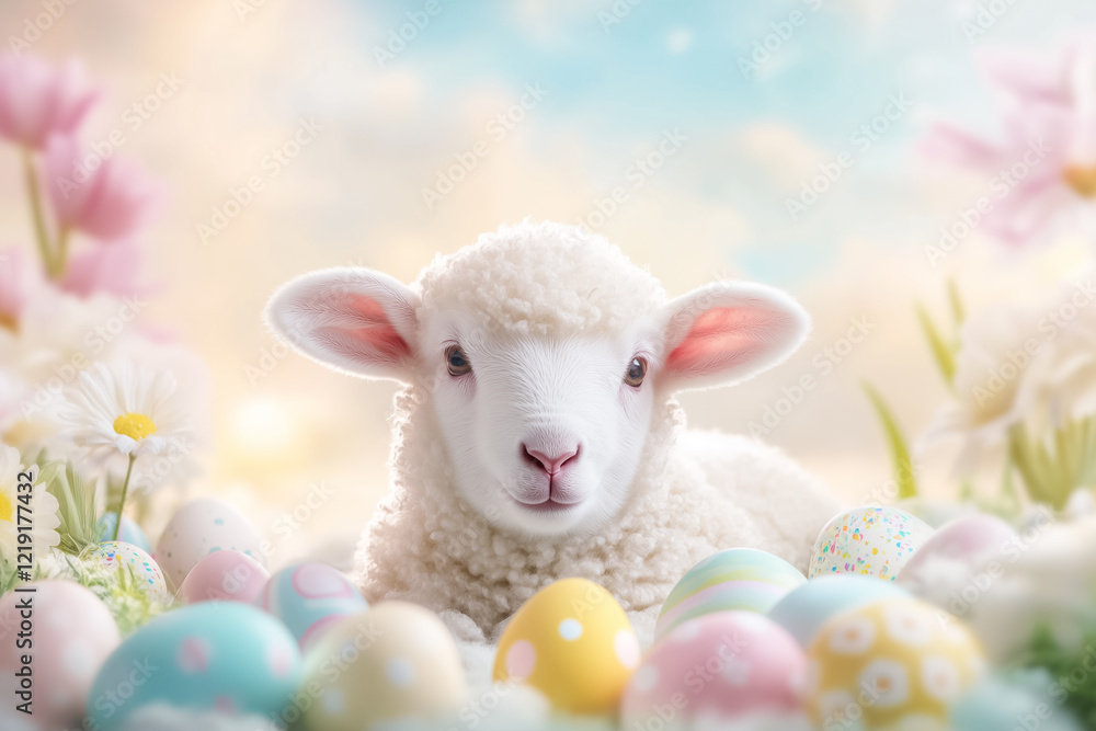 Poster a fluffy lamb relaxes in a vibrant field adorned with scattered easter eggs. soft clouds float above