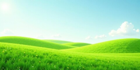 Fototapeta premium Serene Rolling Hills Under a Bright Sky, Lush Green Meadow with Wildflowers, Peaceful Pastoral Landscape