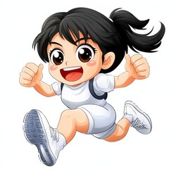 Energetic young girl cartoon character running with excitement in sporty outfit and backpack, joyful expression