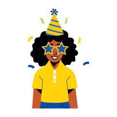 Party girl wearing star glasses and cone hat, flat illustration