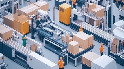 An assembly line filled with mixedcomponent sections each area showing customization with interchangeable parts as workers utilize handheld digital devices to monitor and modify workflow