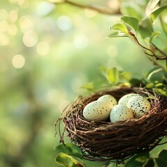 Fototapeta premium Nest with speckled eggs in sunlit branches during spring