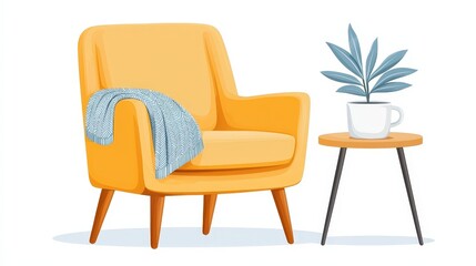 Cozy Modern Chair with Blanket and Potted Plant on a Stylish Side Table in Bright Room