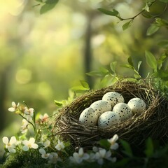 Obraz premium Nest with speckled eggs in a serene forest setting