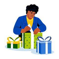 Flat illustration of a person wrapping gifts