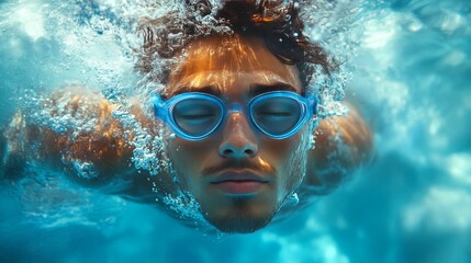 Fototapeta premium Underwater close-up of a young man swimming with goggles, eyes closed, bubbles surrounding.