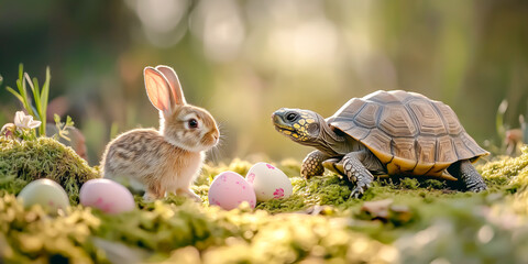 Cute little rabbit and baby tortoise in an Easter garden,