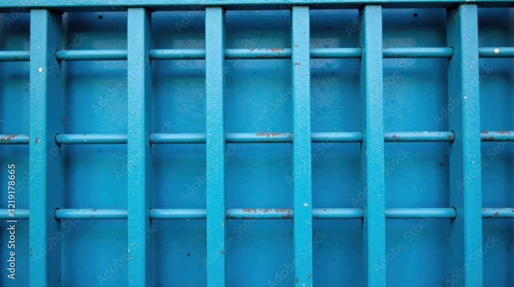 Poster Azure Grid Pattern on a Metal Surface A Textured Background of Slightly Weathered Blue Metal