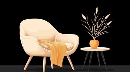 Cozy Armchair with Yellow Blanket and Decorative Plant in Minimalist Living Room Setting