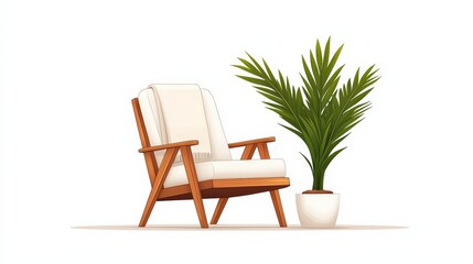 Cozy wooden chair with soft cushion and stylish indoor plant in contemporary design setting