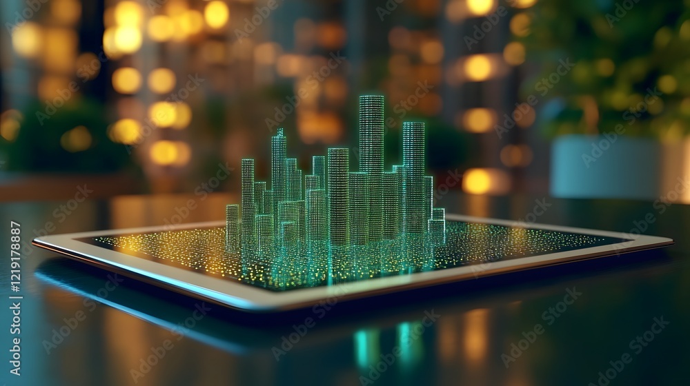 Poster augmented reality graphs floating above a tablet on a professional desk for business innovation