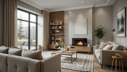 Fototapeta premium In a stylish living space, soft furnishings invite relaxation while large windows allow sunlight to brighten the room