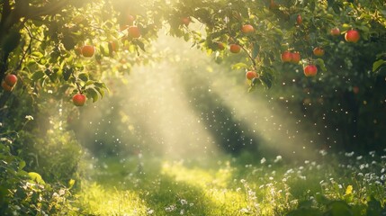 Fototapeta premium Sunlit Orchard Apples Harvesting Sunlight Meadow