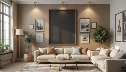 Fototapeta premium A contemporary living room featuring a large sectional couch adorned with decorative pillows