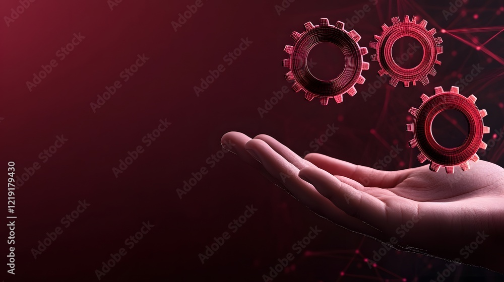 Aufkleber holographic gears above palm on dark gradient symbolizing process automation