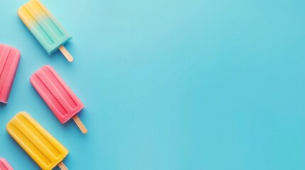 Colorful summer popsicles on a blue background with copy space, top view. Popsicle concept for a banner or poster design.