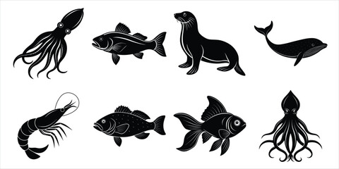 Ocean, Sea animals silhouette set. Aquatic animals life vector illustration design