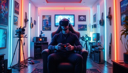 Obraz premium A gamer lounges in a stylish chair, immersed in a thrilling virtual reality experience within a vibrant, tech-filled room adorned with cinematic decor