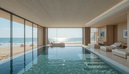 Fototapeta premium A tranquil beachfront haven showcases a modern indoor pool with stunning ocean views. Sunlight dances on the water, creating a relaxed ambiance perfect for unwinding and enjoying nature