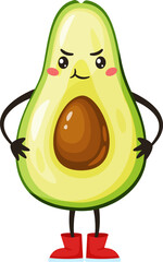 Funny avocado cartoon character wearing bright red boots, displaying an angry facial expression with arms crossed, set against a clean white background