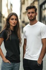 Obraz premium Couple poses in urban street wearing casual clothing