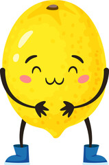 Cartoon illustration of a happy lemon character hugging itself, wearing blue boots, isolated on white background, ideal for healthy eating and wellbeing concepts