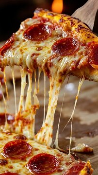 Delicious food and comfort eating concept with a slice of pepperoni pizza and melting cheese