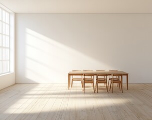Sunlight streams into a minimalist room with a long wooden dining table and chairs.