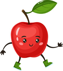 Cute and cheerful red apple cartoon character walking in vibrant green boots, radiating happiness and playfulness, ideal for promoting healthy eating and engaging children s illustrations