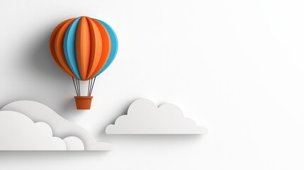 Obraz premium Colorful Hot Air Balloon Floating Above White Clouds in Clear Sky Background