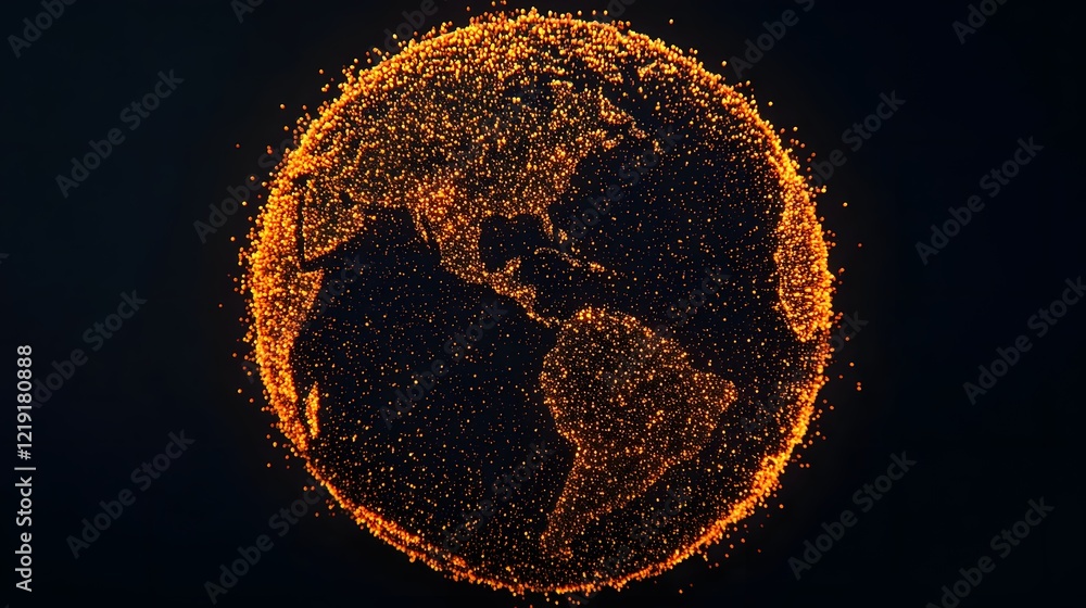 Poster glowing digital particles forming spherical earth globe symbolizing global connectivity and data