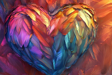Obraz premium A heart made of feathers, each one shimmering with iridescent hues, postcard design. Valentine concept